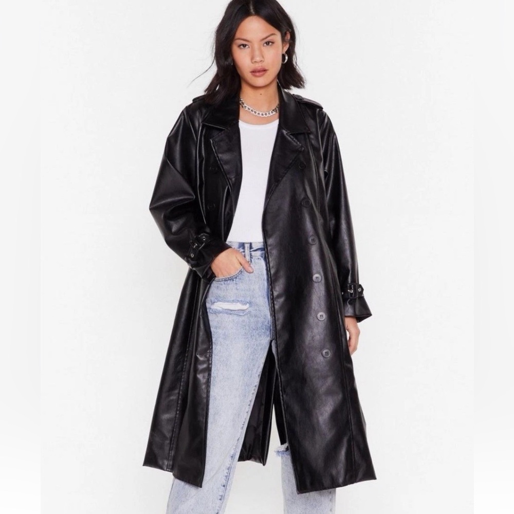 Women's Black faux Leather Trench Coat
